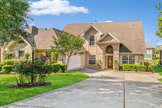 view of front of property with a garage and a front lawn