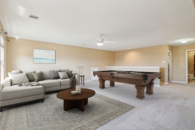 game room featuring ceiling fan, light carpet, and pool table