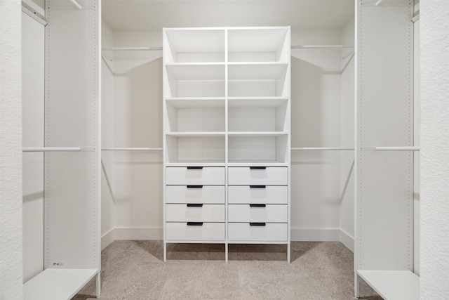 walk in closet with light colored carpet