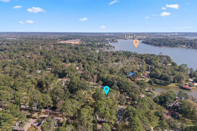 bird's eye view with a water view and a forest view