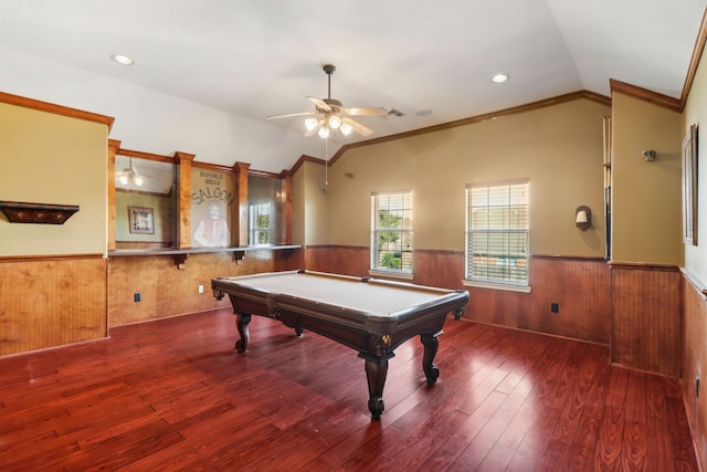 game room with hardwood / wood-style floors, ornamental molding, lofted ceiling, and billiards