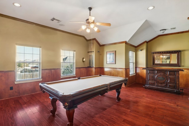 playroom featuring ceiling fan, dark wood-type flooring, billiards, crown molding, and vaulted ceiling