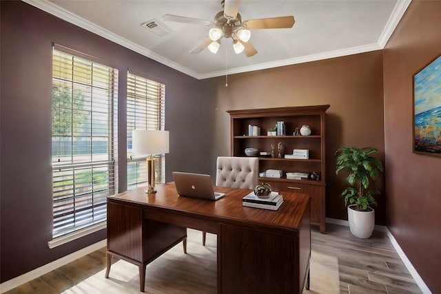 office area featuring ceiling fan, light wood-type flooring, and crown molding