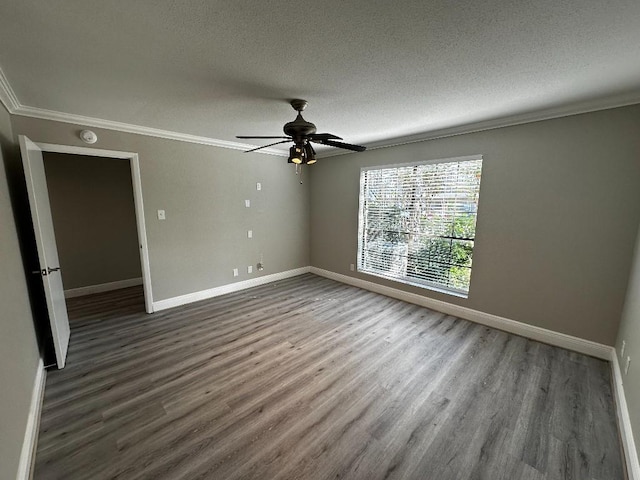 unfurnished room with a textured ceiling, ceiling fan, wood-type flooring, and crown molding