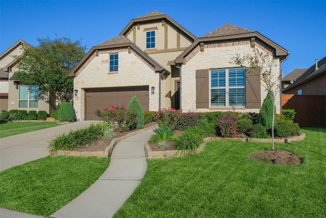 view of front of house with a front yard and a garage