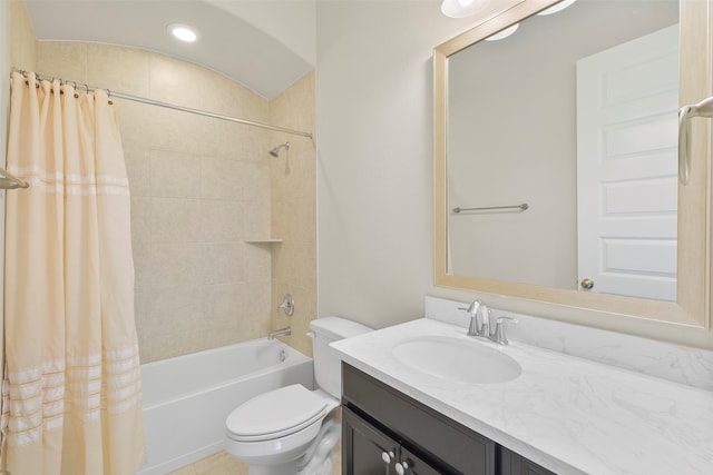 full bathroom with shower / bath combo, toilet, and vanity