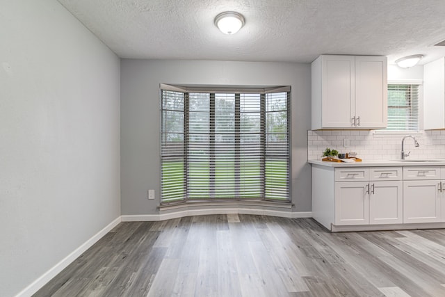 unfurnished dining area featuring a healthy amount of sunlight, sink, and light hardwood / wood-style flooring