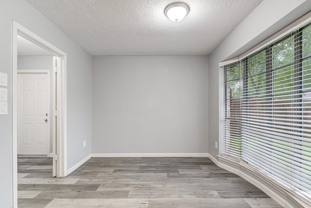 spare room featuring a textured ceiling and light hardwood / wood-style floors