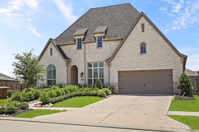 view of front facade with a front yard and a garage