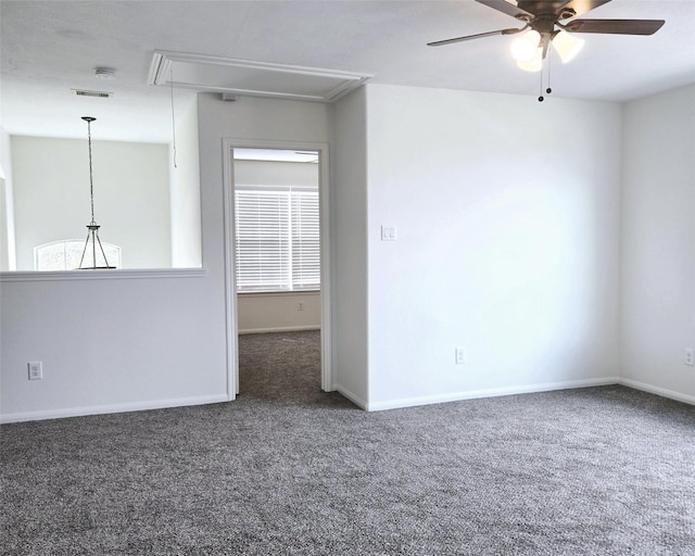 unfurnished room with carpet floors and ceiling fan