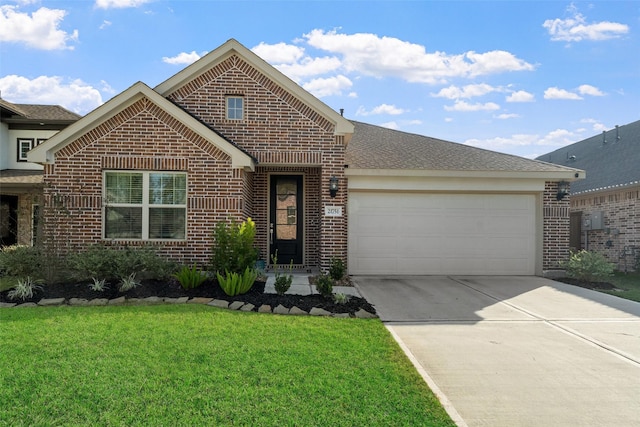 front facade with a front yard and a garage