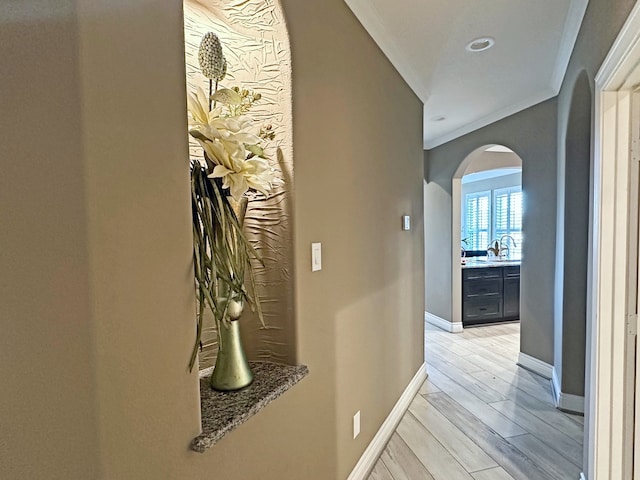 hall with light hardwood / wood-style flooring and ornamental molding