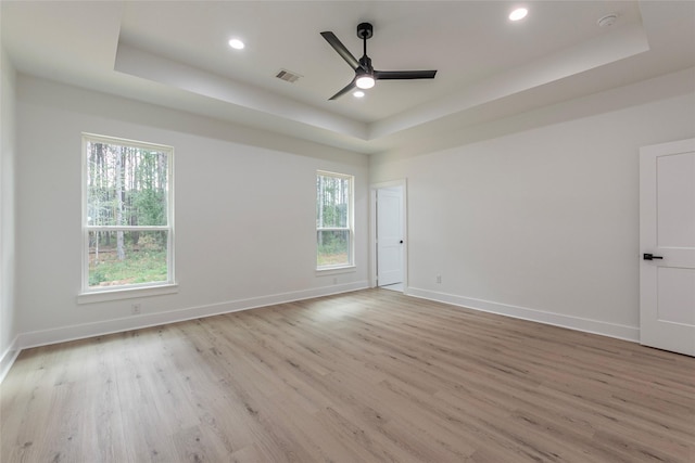 empty room with light wood-type flooring, a raised ceiling, and a healthy amount of sunlight