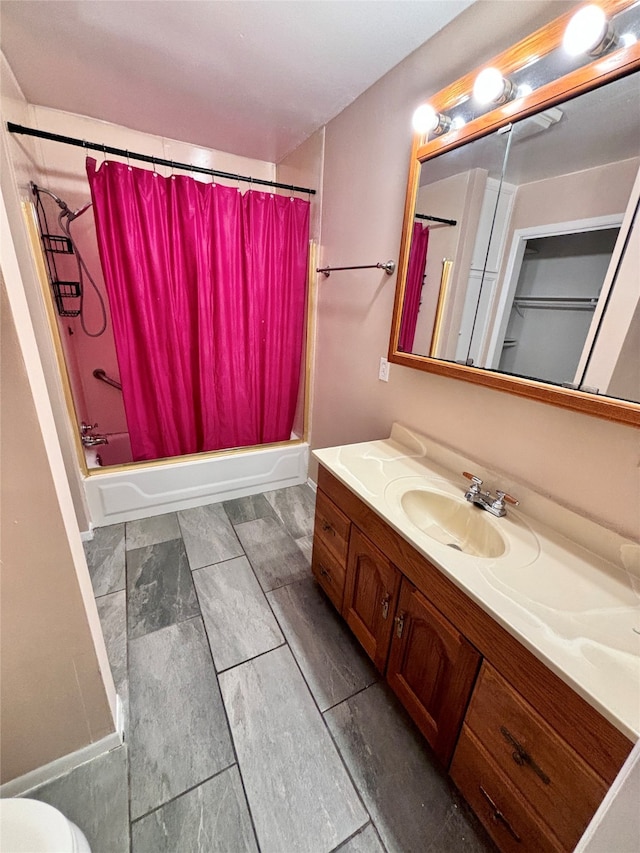 bathroom with vanity and shower / tub combo with curtain