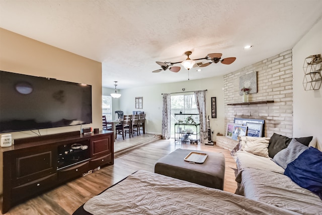 living room featuring ceiling fan, light hardwood / wood-style floors, and a textured ceiling