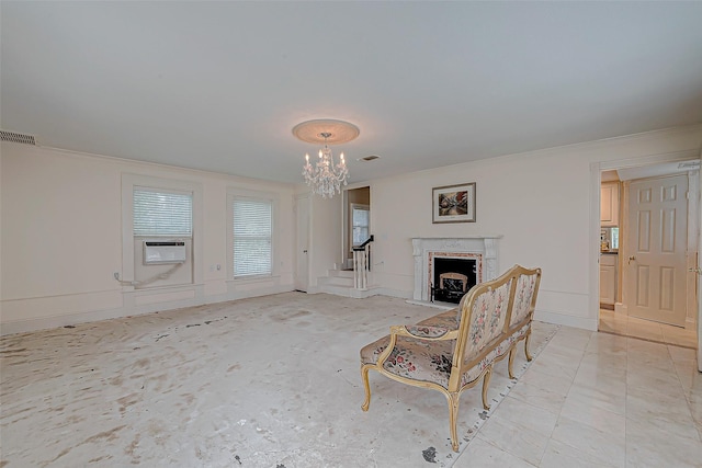 living room featuring ornamental molding, cooling unit, and a chandelier