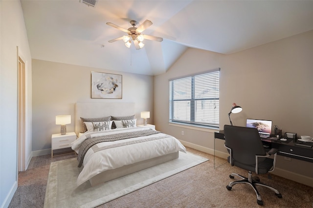 bedroom featuring ceiling fan, carpet, and lofted ceiling