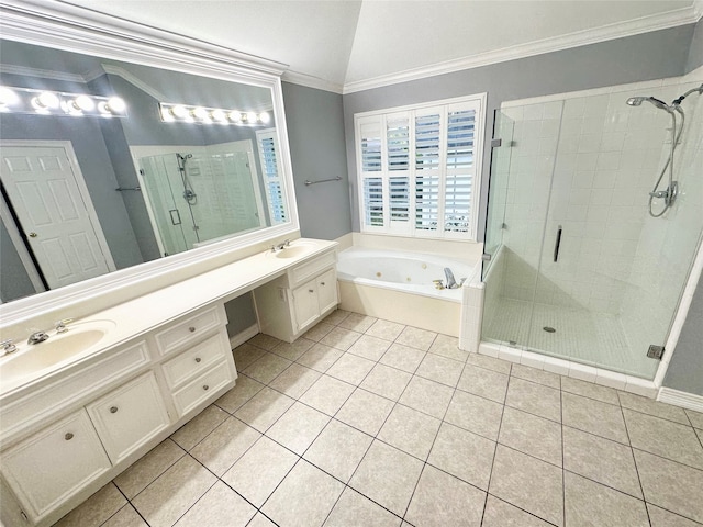 bathroom featuring tile patterned flooring, vanity, separate shower and tub, and ornamental molding