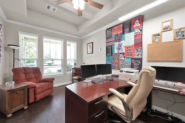 office with dark hardwood / wood-style flooring, a tray ceiling, ceiling fan, and crown molding