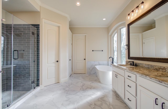 bathroom featuring vanity, independent shower and bath, and crown molding