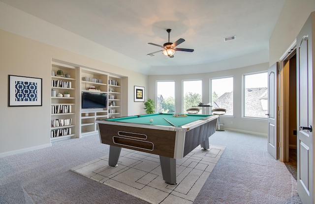 rec room with ceiling fan, built in features, light colored carpet, and billiards