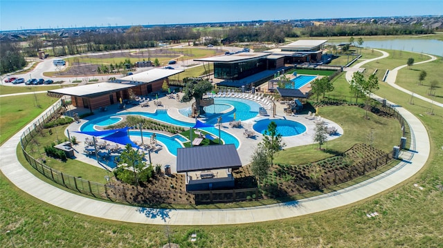 bird's eye view with a water view