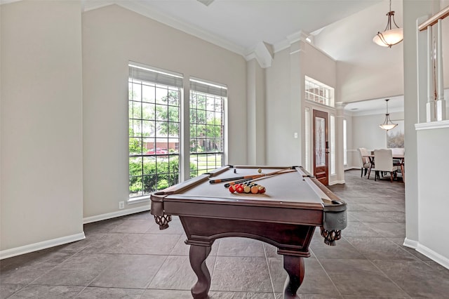 recreation room with crown molding, billiards, and french doors