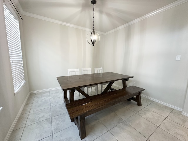 dining space featuring an inviting chandelier, light tile patterned floors, and ornamental molding