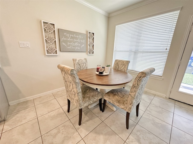 tiled dining space with ornamental molding