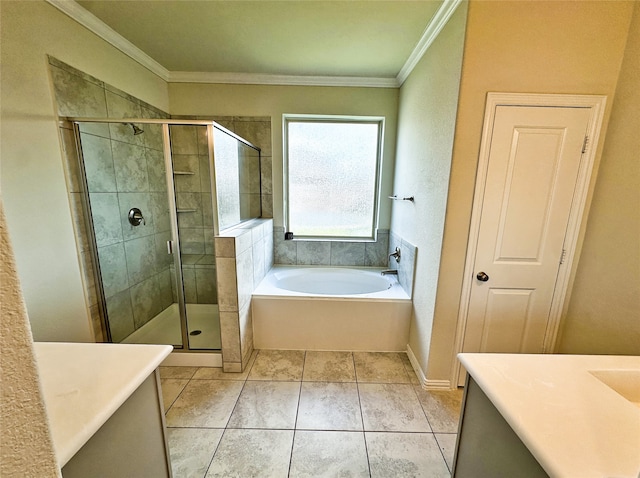 bathroom featuring independent shower and bath, vanity, tile patterned floors, and ornamental molding