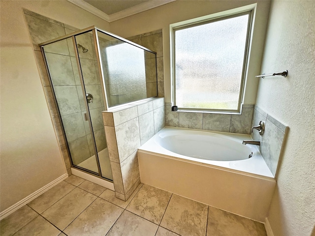 bathroom featuring tile patterned flooring, plus walk in shower, and ornamental molding