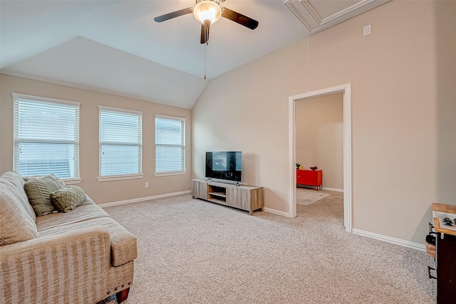 living room with lofted ceiling, light colored carpet, and ceiling fan