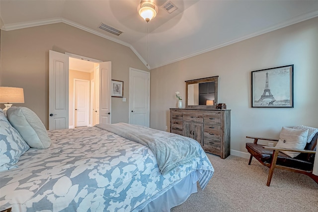 bedroom with crown molding, light colored carpet, lofted ceiling, and ceiling fan