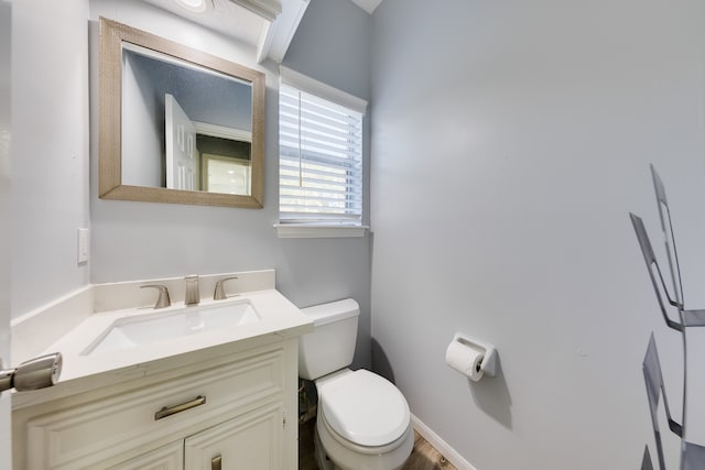 bathroom featuring vanity, toilet, and wood-type flooring