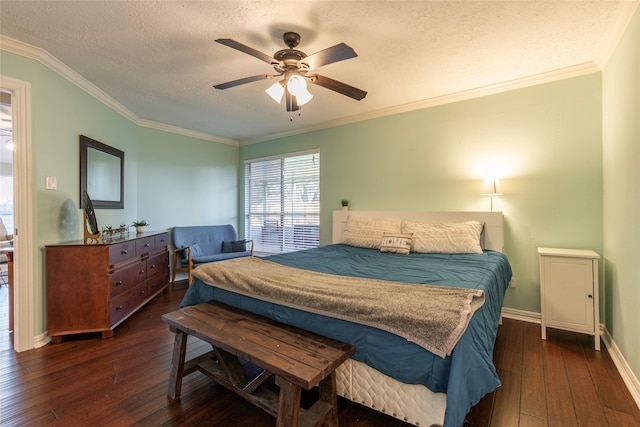 bedroom featuring dark hardwood / wood-style floors, ceiling fan, ornamental molding, and a textured ceiling