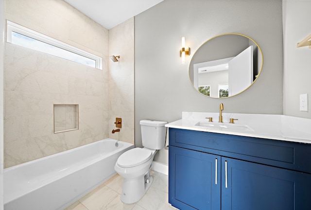 full bathroom featuring vanity, bathtub / shower combination, and toilet