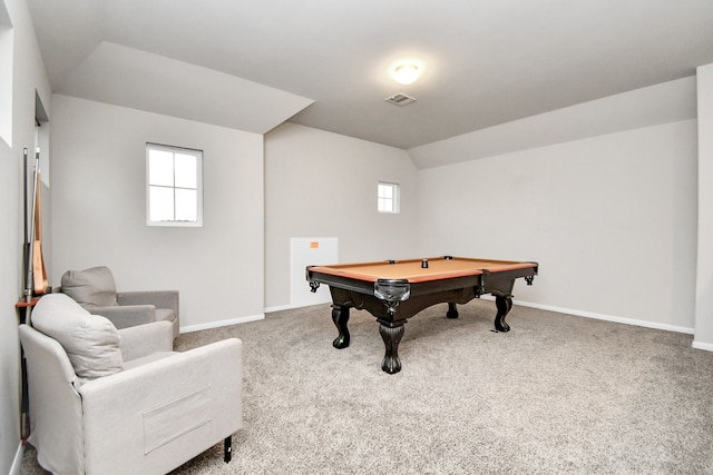 playroom featuring carpet floors, vaulted ceiling, and pool table