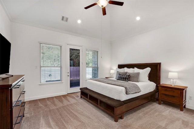 carpeted bedroom with access to exterior, ceiling fan, and crown molding