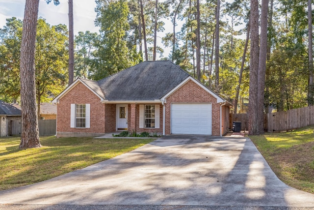 ranch-style house featuring a front lawn, a garage, and central AC