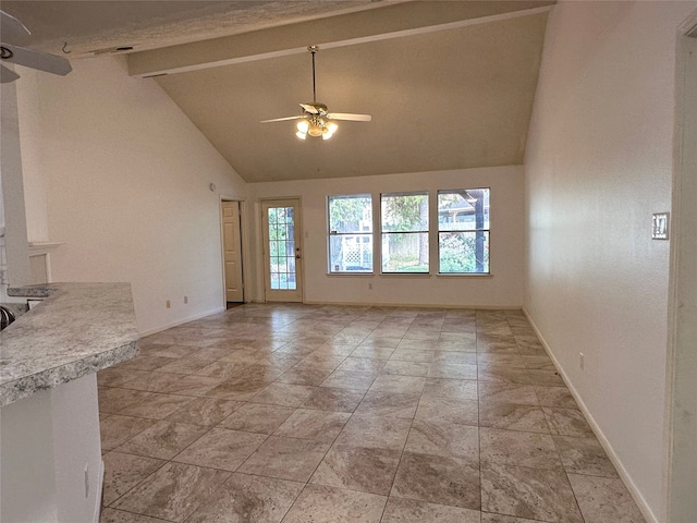 unfurnished living room featuring beamed ceiling, high vaulted ceiling, and ceiling fan