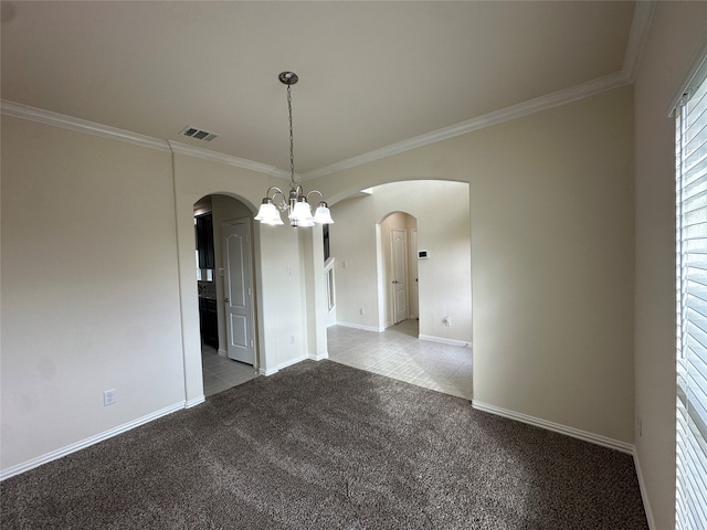 unfurnished dining area featuring a chandelier, carpet floors, and crown molding