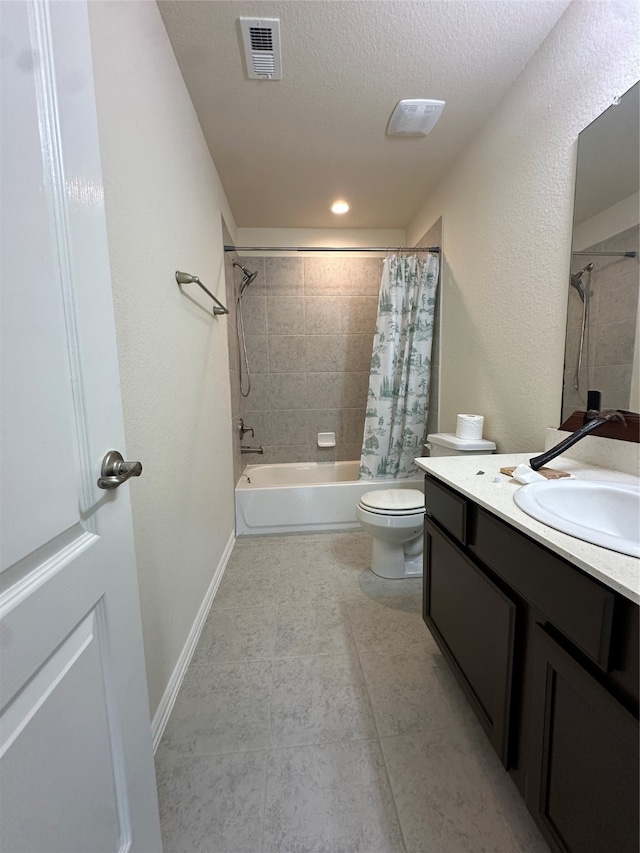 full bathroom featuring vanity, tile patterned flooring, toilet, shower / bathtub combination with curtain, and a textured ceiling