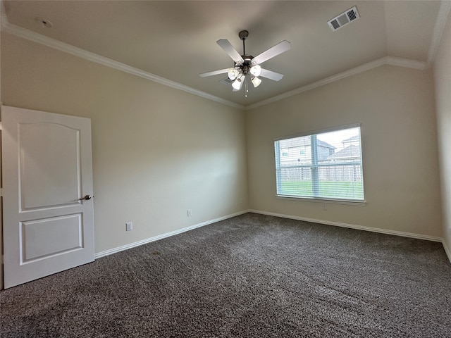 carpeted spare room with ceiling fan, lofted ceiling, and ornamental molding