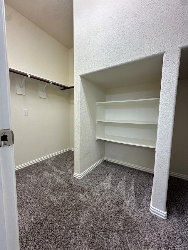 walk in closet featuring dark carpet