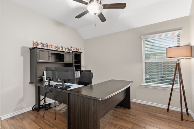 office space featuring ceiling fan and lofted ceiling