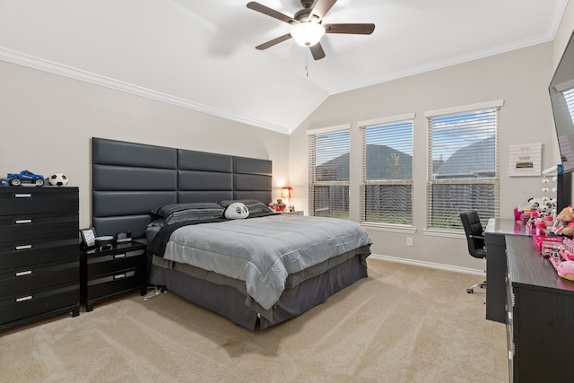 carpeted bedroom with ceiling fan, lofted ceiling, and ornamental molding