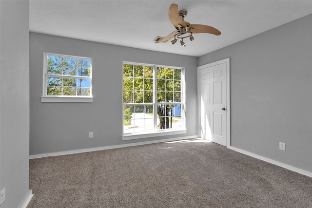 carpeted spare room featuring ceiling fan and a healthy amount of sunlight