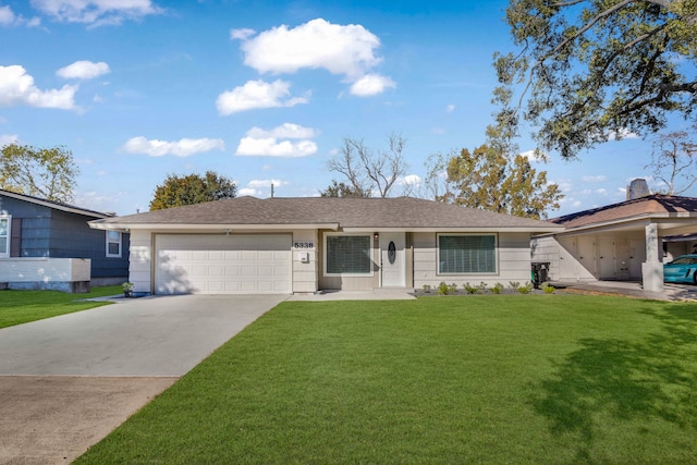 single story home with a garage and a front lawn