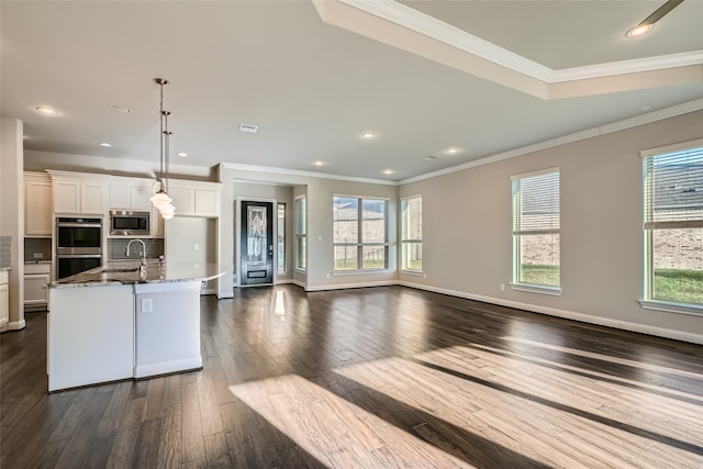 kitchen featuring a center island with sink, plenty of natural light, dark hardwood / wood-style floors, and dark stone counters