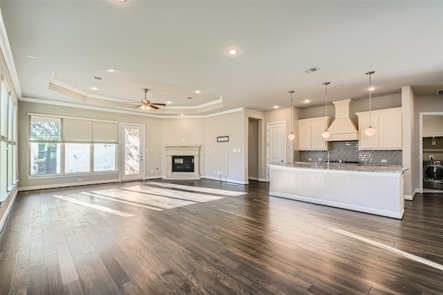 interior space featuring crown molding, dark hardwood / wood-style floors, ceiling fan, a tray ceiling, and washer / clothes dryer